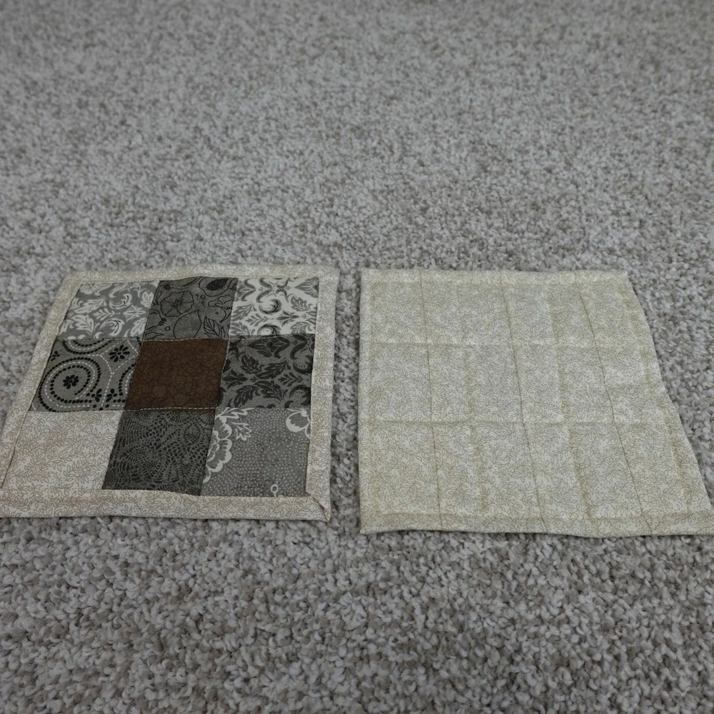 Handmade Quilted 9 Patch Mug Rug Set 2 Cream Grey Brown Cotton Coasters 6x6.5